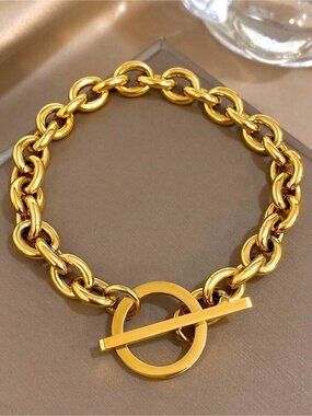 Gold Chain Toggle Bracelet - Polished Link Necklace Bracelet